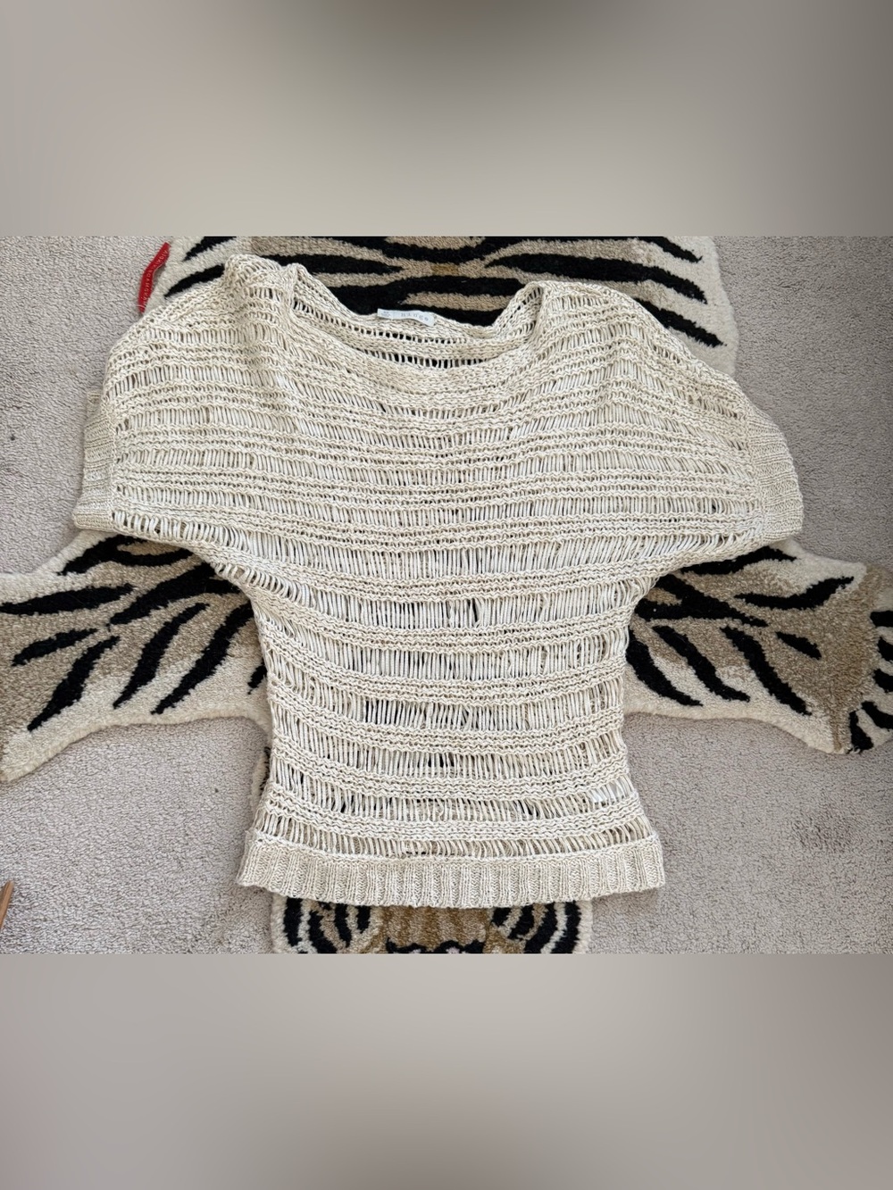 Nordstrom Hinge Cream Open Knit Dolman Short Sleeve Sweater XS
